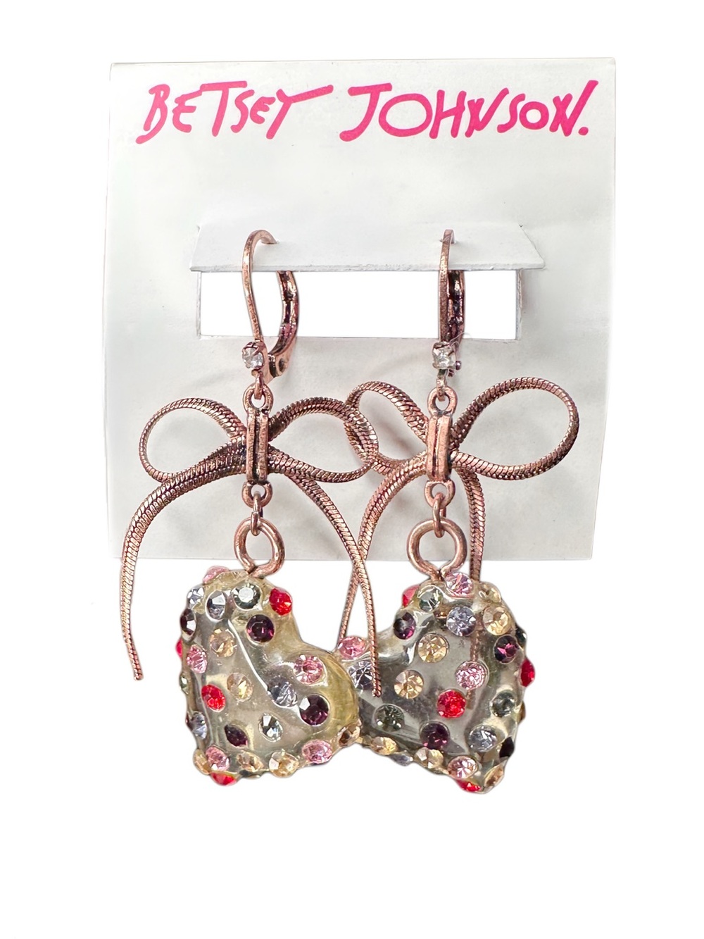 Betsey Johnson Rose Gold Bow Earrings with Multicolor Crystal Hearts